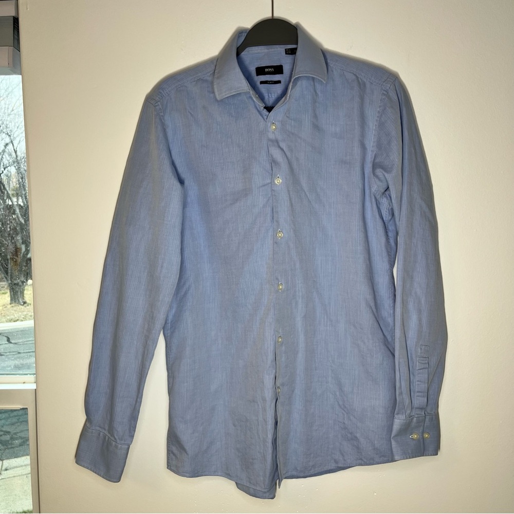 HUGO BOSS Slim Fit Dress Shirt 15.5 34/35 Light Blue Herringbone Button Down Men